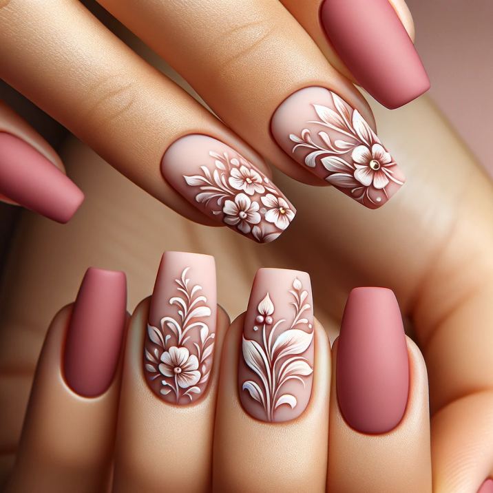 Light Pink Nails with Flower Designs
