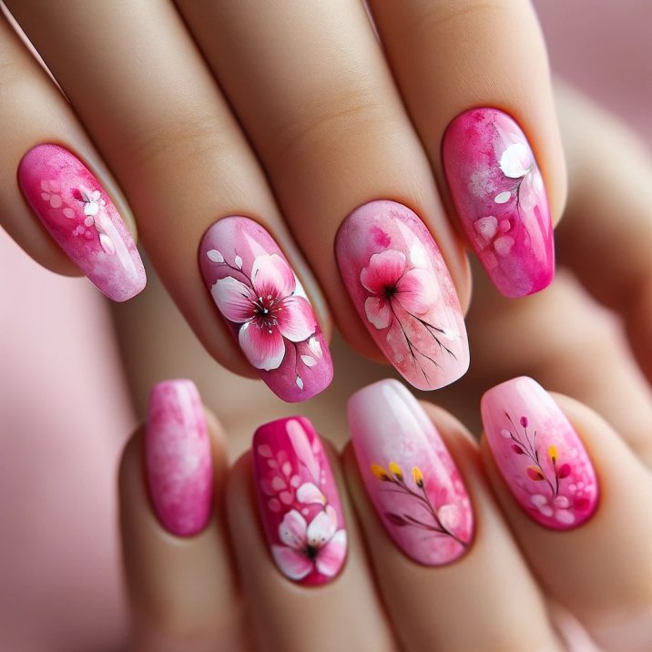 Light Pink Nails with Flower Designs