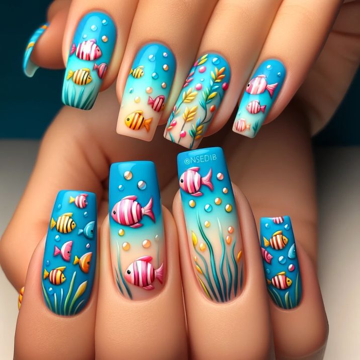 Ideas de diseño de uñas rosas, amarillas y azules