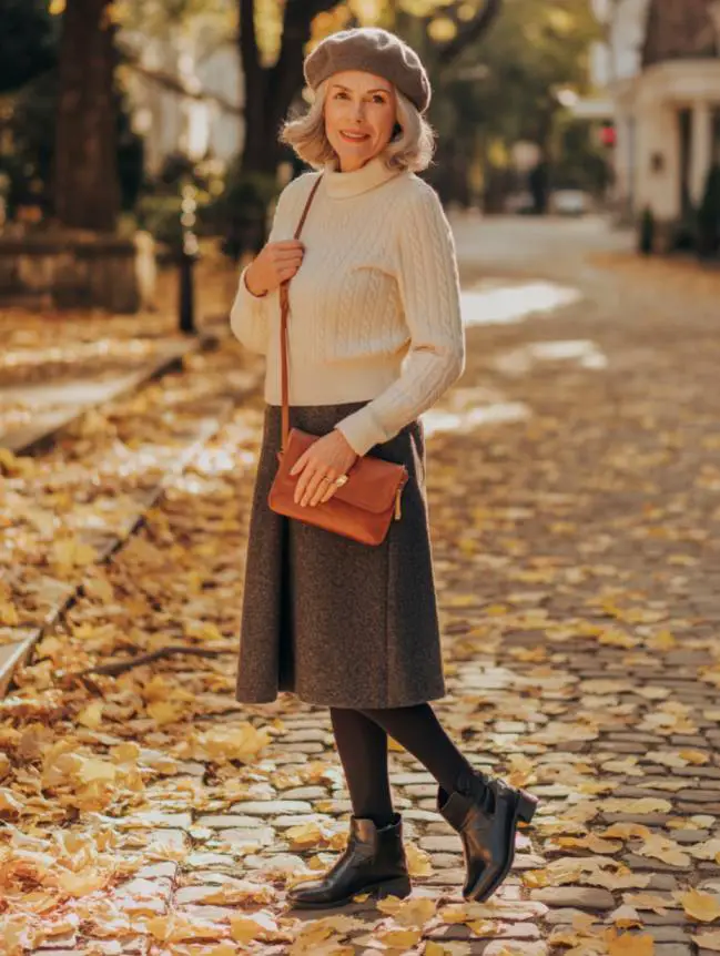 Cable-Knit Sweater + Wool Skirt with Tights